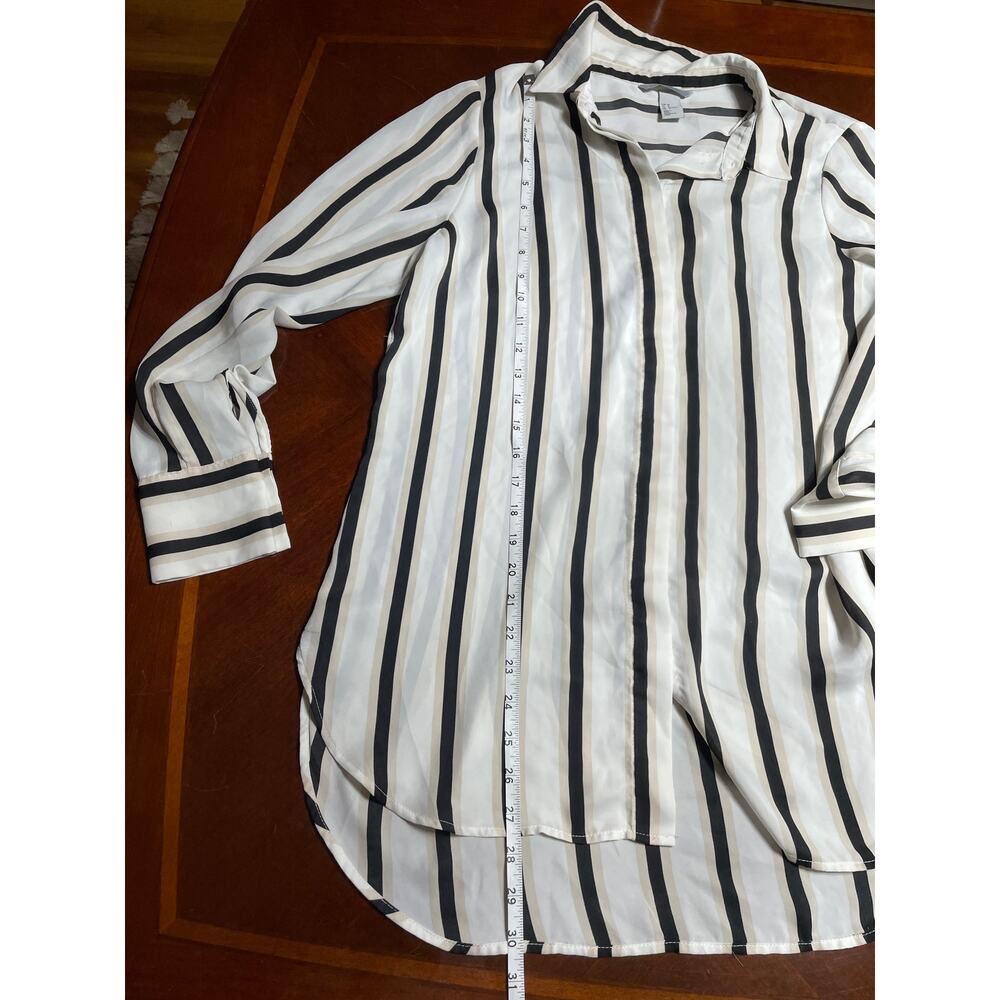 H&M Womens Blouse Size 12 Button Up Long Sleeve Stripe Collar White Black Beige - Picture 8 of 8